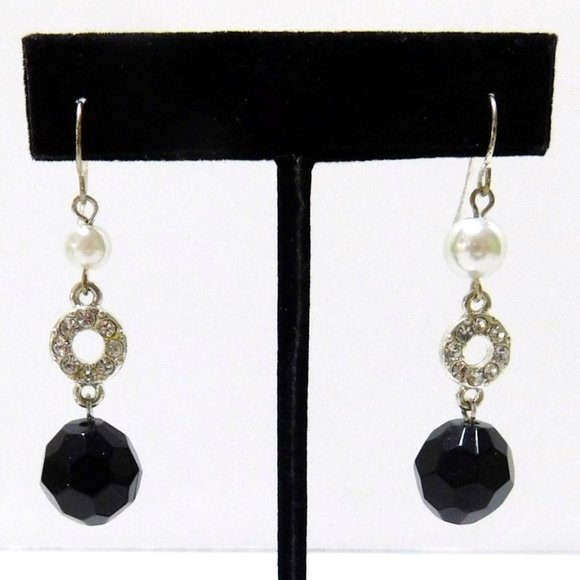 Drop Dangle Faux Pearl Black Faceted Bead Rhinestones Womens Earrings Fish Hook - Picture 3 of 7